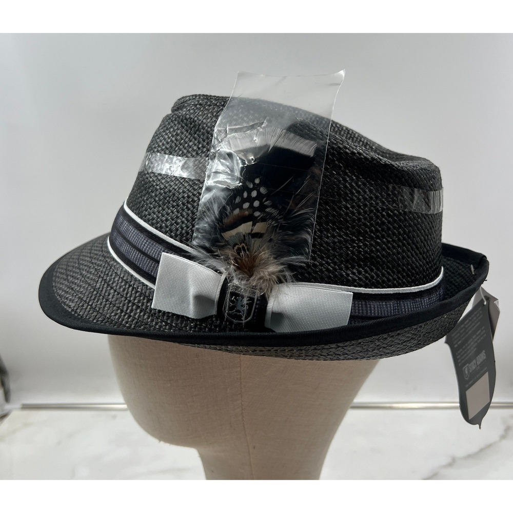 Stacy Adams Fedora Hat Men's Large Black Toyo Straw Feather Paisley Lining NWT